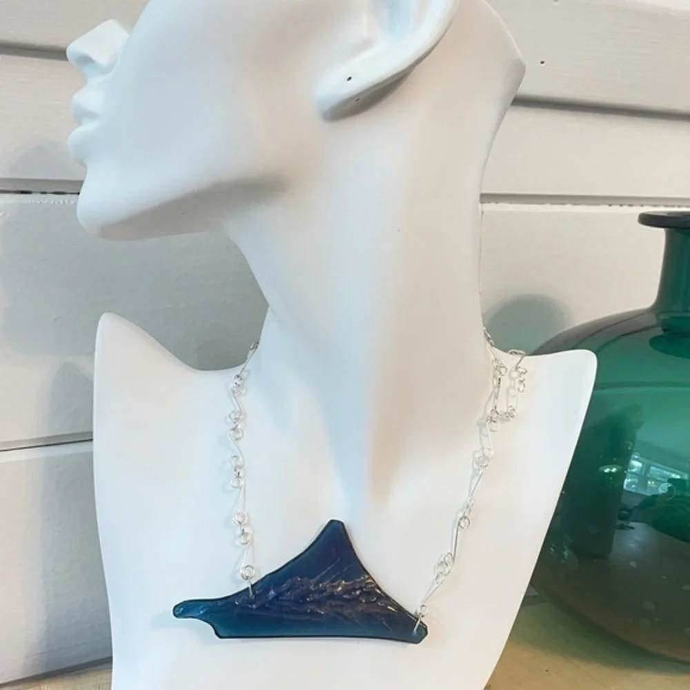 Handmade Iridescent Textured Blue Glass Link Statement Necklace Luxe Unique Gift